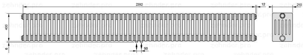 Схема (чертеж) Радиатор Zehnder Charleston 6040/52 №3470 Белый глянцевый RAL 9016
